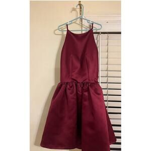 Custom Burgandy Satin Bubble Hem Cocktail Dress Open Back Spaghetti Strap Formal
